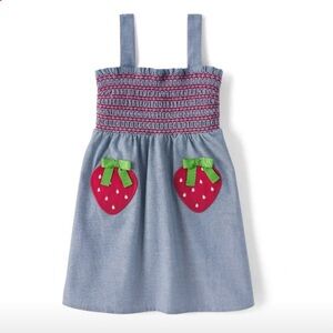 Gymboree Girls Dress Strawberry Sweetie Smocked Denim Chambray Blue Dress 5T